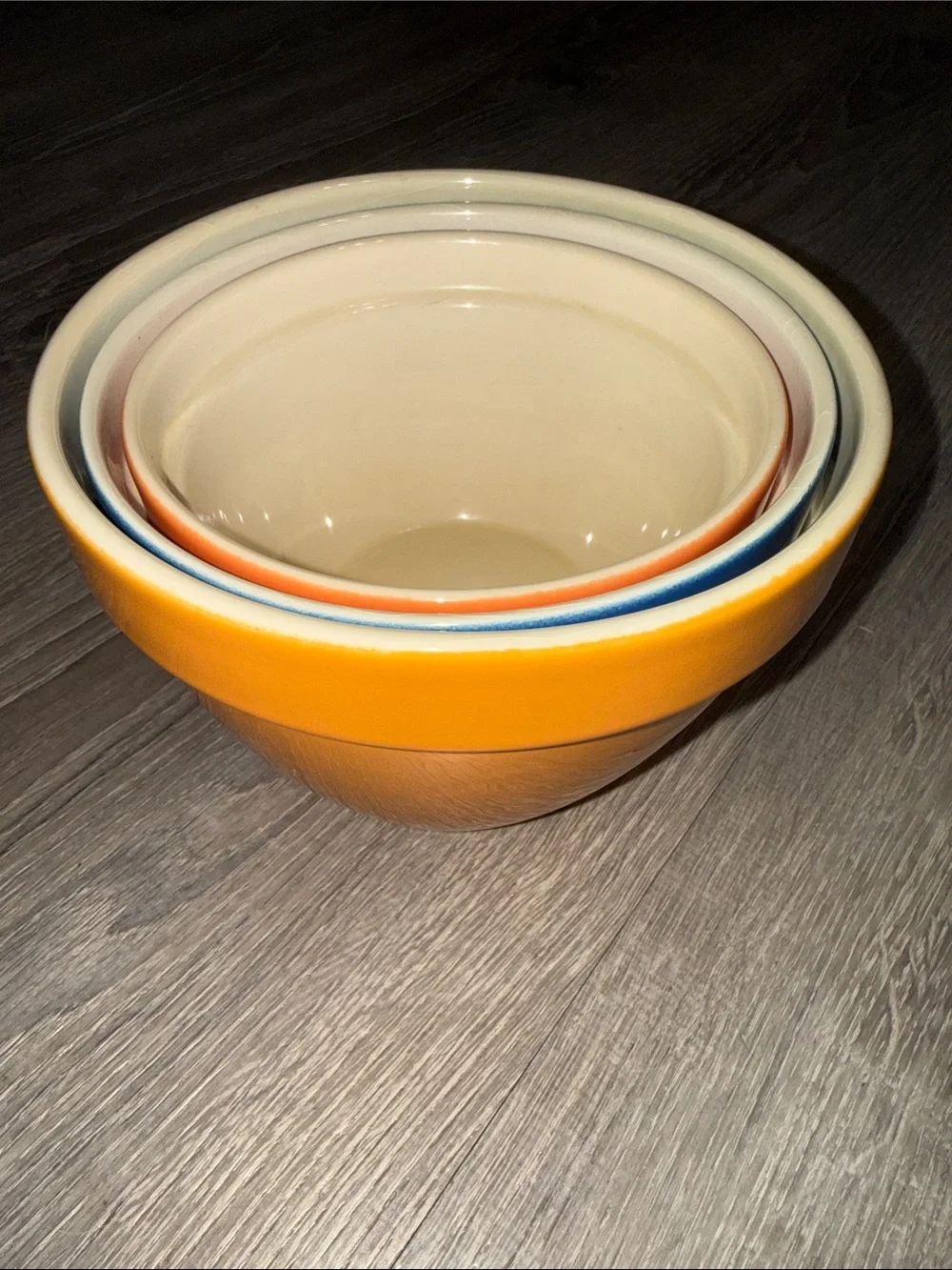 Crate&Barrel Addison Retiree Stoneware Nesting Bowls in Blue, Yellow, and Orange